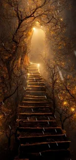 Mystical forest pathway glowing with golden lights.