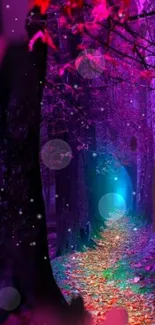 Mystical forest pathway with vibrant purple and pink hues under a night sky.