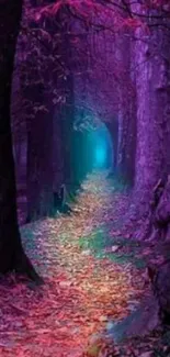 Purple forest path with vibrant leaves and mystical atmosphere.