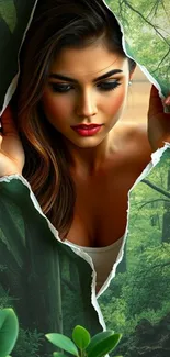 Mystical forest wallpaper with portrait peeking through torn paper.