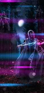 Eerie phantom in mystical forest wallpaper with glowing light.