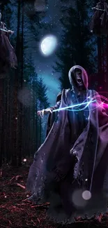 Phantom figure in a mystical forest with magical lights.