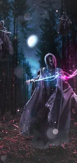 Phantom figures in a mystical forest at night with vibrant lights.