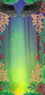 Mystical glowing forest phone wallpaper with nature-inspired wings and decorations.