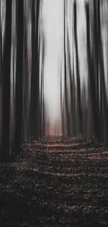 A mystical blurred forest with towering dark trees.