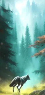 Mystical forest with a wolf in enchanting teal lighting.