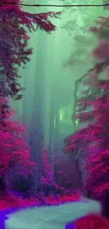 Vibrant mystical forest wallpaper with purple and green hues.