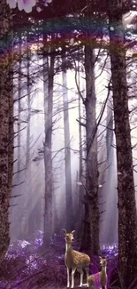 Deer in a mystical forest with a rainbow overhead