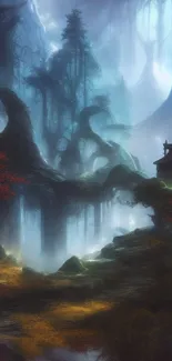 Mysterious fantasy forest landscape wallpaper.