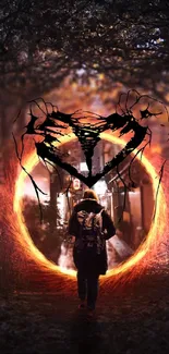 A person walks into a fiery portal in a dark forest scene.