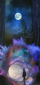 Magical forest with a glowing portal and full moon in a mystical night setting.