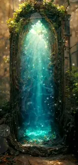 Enchanted forest portal wallpaper with glowing teal light.