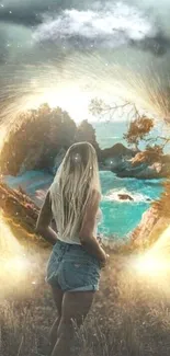 Woman stands before a mystical forest portal, bathed in ethereal light.