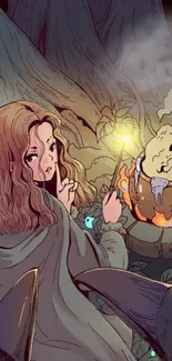 Young witch brewing potion in mystical forest illustration.