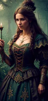 A princess holding a torch walks through a mythical forest, dressed in regal attire.