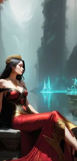 Mystical queen in red dress in a fantasy forest setting.