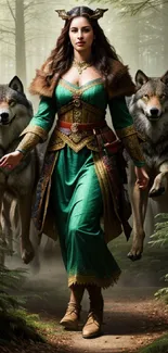 Fantasy forest queen with wolves in an enchanting green dress.