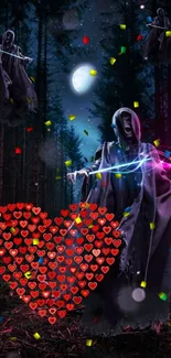 Grim reaper in moonlit forest with hearts and colors.