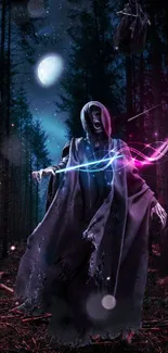 Hooded reaper in a mystical forest casting colorful spells under moonlight.