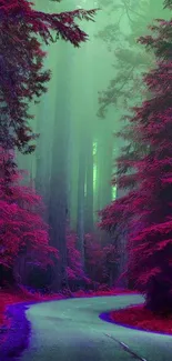 Mystical road through purple forest with green mist.