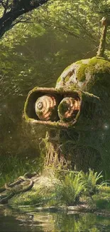 Moss-covered robot in a lush, mystical forest setting with serene greenery.