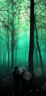 Mystical teal forest with silhouetted figures.