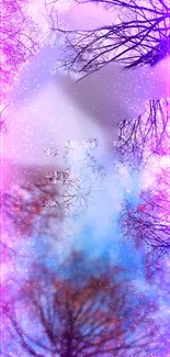 Mystical forest sky with vibrant colors and ethereal light effects.