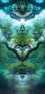 Mystical forest wallpaper with lush trees.