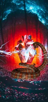 Mystical snake with glowing heart in a vibrant forest.