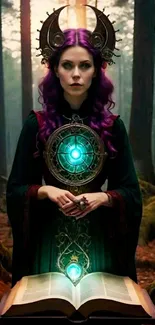 A mystical forest sorceress holding a glowing book.