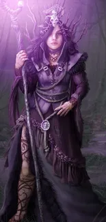 Mystical sorceress in purple forest holding a staff.