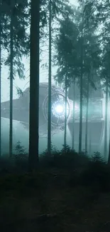 Mysterious spaceship in a misty forest setting.