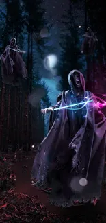 Mysterious specter figures in a dark, mystical forest.