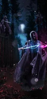 Ethereal specters in a mystical forest with vibrant lights.