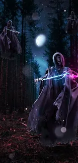 Haunting specter in mystical forest with glowing lights.