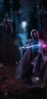 Cloaked specters in a mystical forest with glowing effects, creating an eerie ambiance.