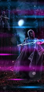 Ghostly figures in a mystical forest with colorful ethereal light.