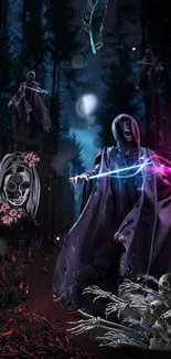 Glowing spirits in a dark, mystical forest at night.