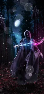 Mystical hooded spirits in a dark forest.