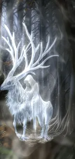 Ethereal deer spirit in a dark forest with mystical glow.