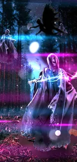 Mystical forest wallpaper with spectral figures and neon lights.