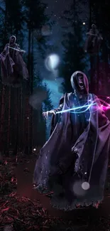 Mystical forest with ethereal spirits and vibrant colorful glow.