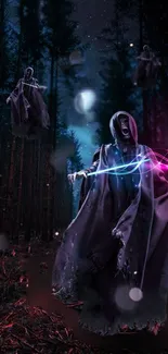 Hooded spirits floating in a dark, mystical forest with glowing light trails.