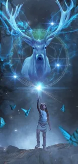 Young girl conjures mystical stag in a dark, enchanted forest with blue butterflies.