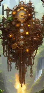 Steampunk clock floating in lush, mystical forest with cascading waterfalls.