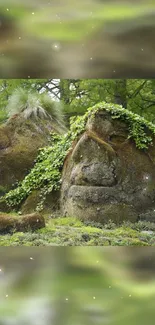 Stone faces covered with moss in a lush green forest.