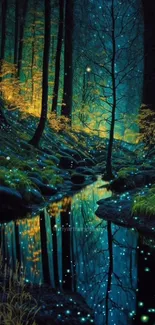 Mystical forest stream with fireflies and vibrant foliage background.