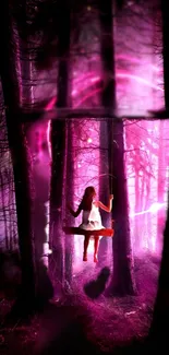 A lone figure on a swing in a mystical, pink-lit forest.