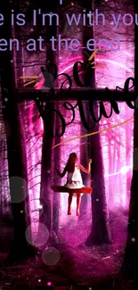 Girl swings in mystical pink forest with inspiring quote.