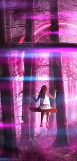 Girl swings in a mystical, pink-lit forest.